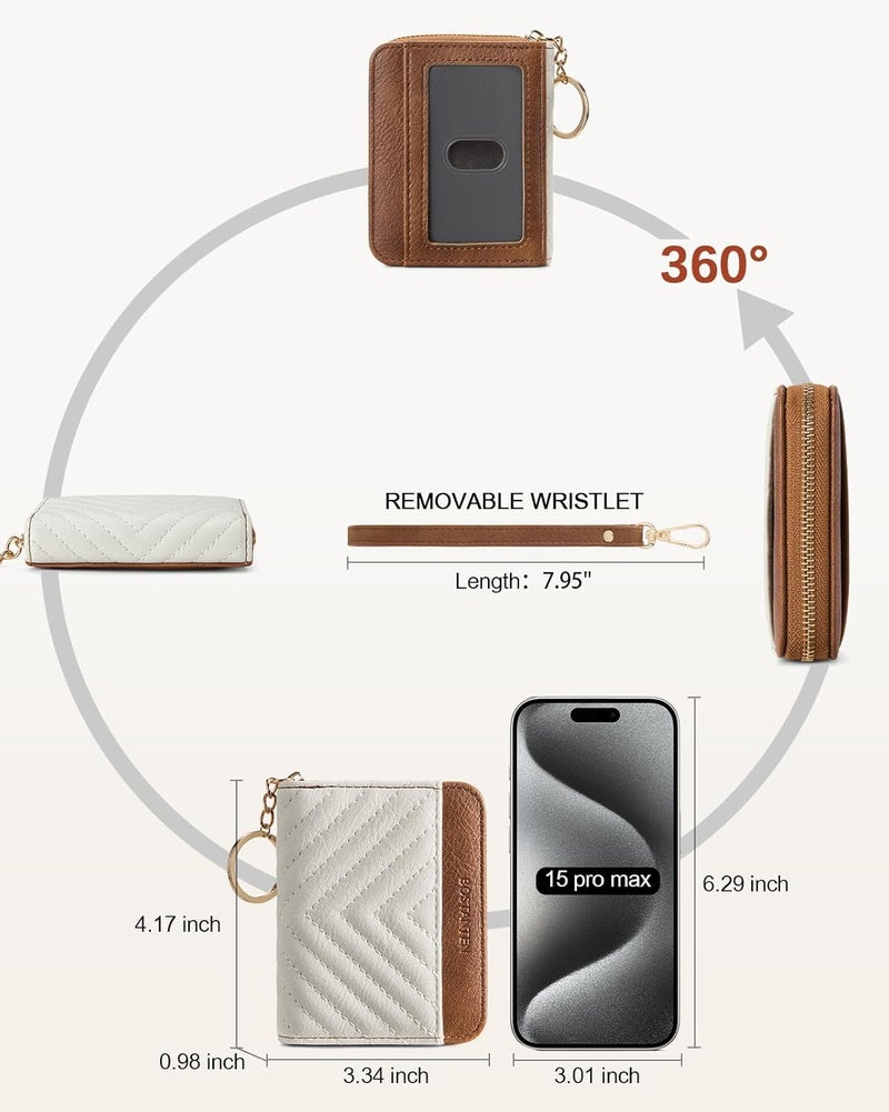 Bostanten Credit Card Holder Wallet RFID Blocking Leather Small Wallet for Women Zipper Keychain Wallet with Wristlet Beige＆Brown - Image 4
